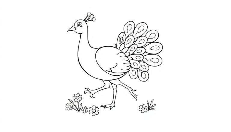 Una placa de color para colorear de un pavo real alegre con la cola desplegada entre flores.