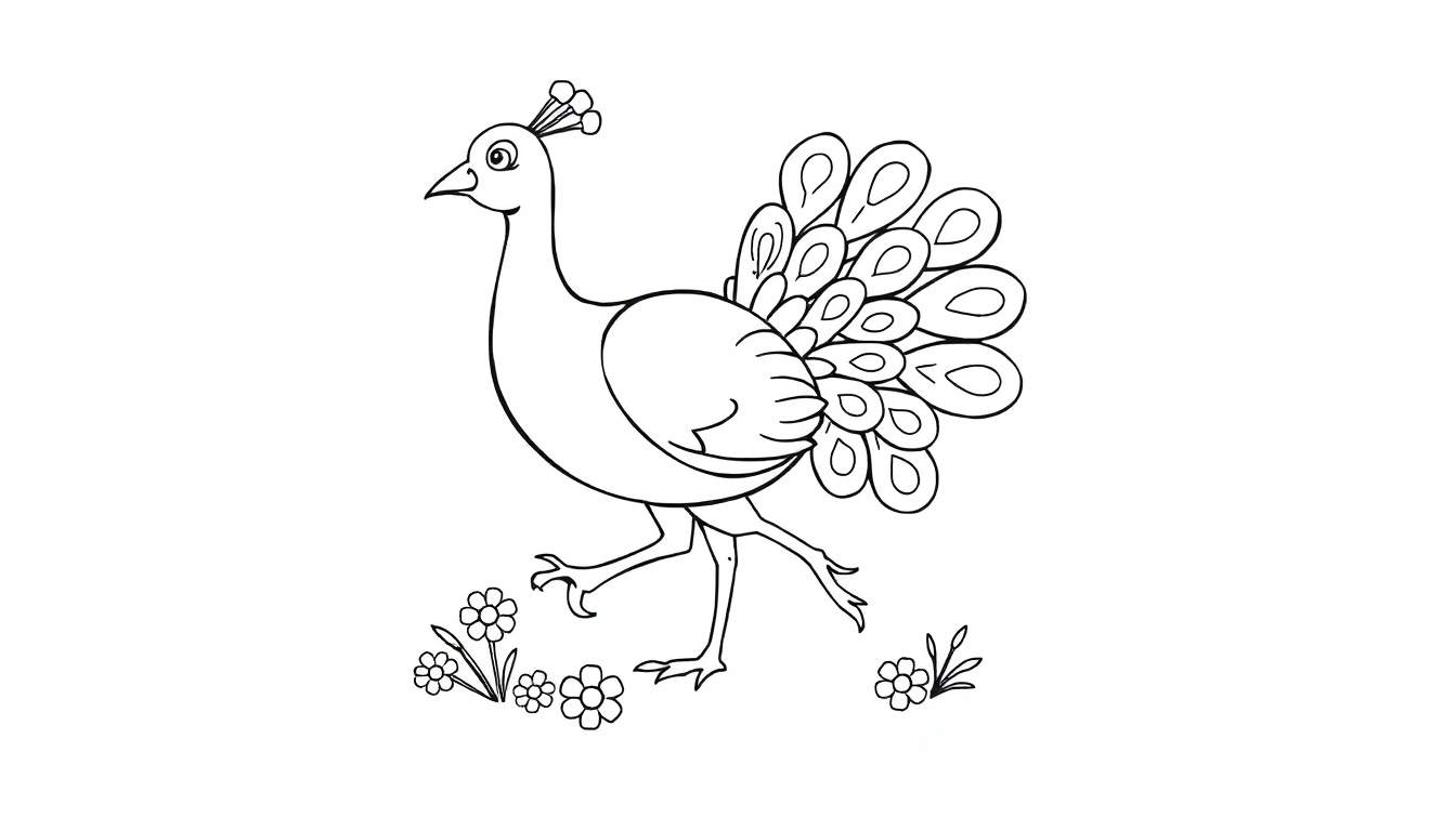 Una placa de color para colorear de un pavo real alegre con la cola desplegada entre flores.