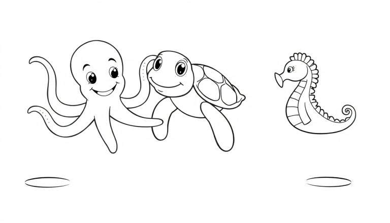Placa para colorear con un pulpo, una tortuga y un caballito de mar sonriendo.