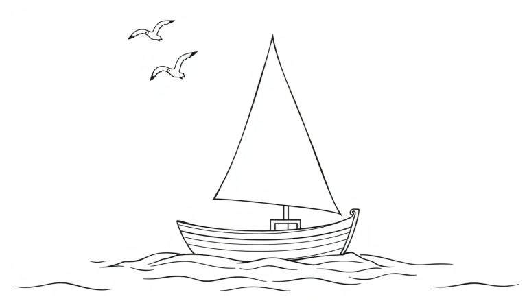 Una placa de color de un velero de madera con una vela triangular navegando sobre olas bajo un cielo con gaviotas.