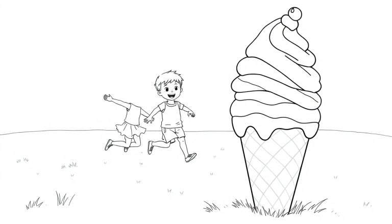 Placa de color de niños corriendo hacia un helado gigante bajo el sol.