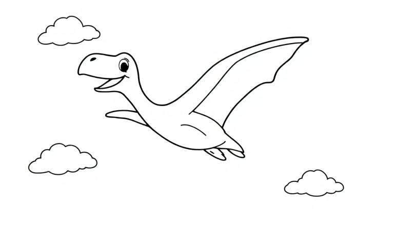 Una placa de color de un Pteranodon sonriente volando entre nubes de dibujos animados.