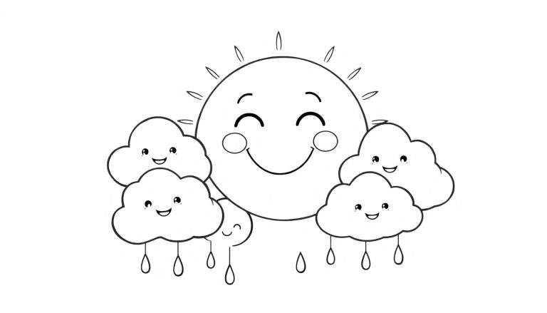 Placa de color: Sol sonriente con nubes amigables y gotas de lluvia.