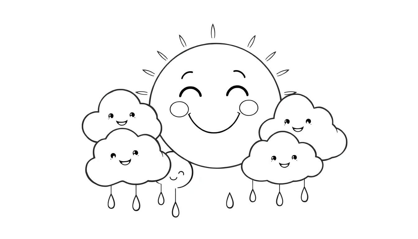 Placa de color: Sol sonriente con nubes amigables y gotas de lluvia.
