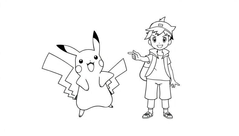 Pikachu y Ash, dibujo para colorear de placa de color.