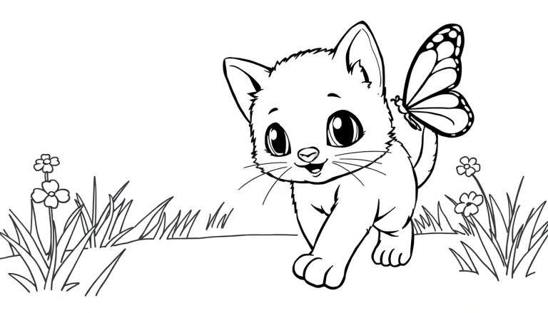 Placa de color de un gatito juguetón persiguiendo una mariposa en un jardín.