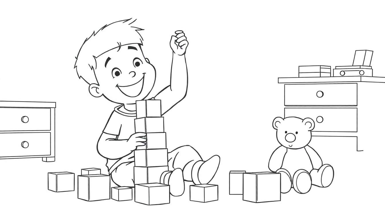 Un niño feliz jugando con bloques de construcción, listo para colorear en una placa de color.