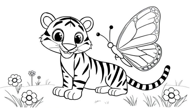 Placa de color de un cachorro de tigre juguetón con una mariposa.