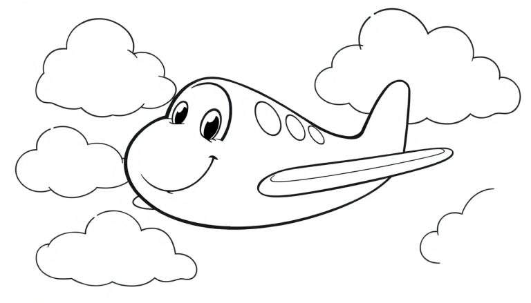 Placa de color de un avión sonriente volando entre nubes.