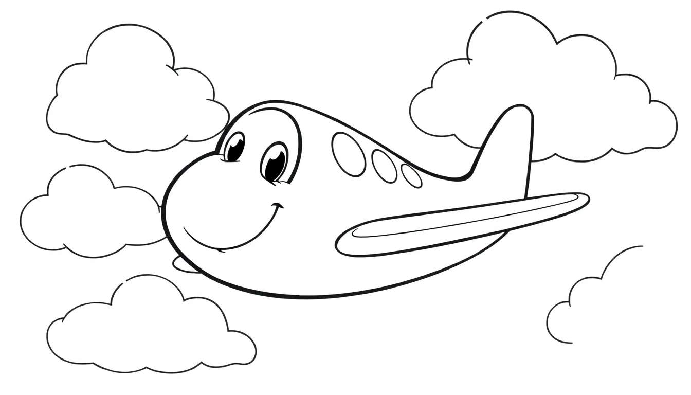 Placa de color de un avión sonriente volando entre nubes.