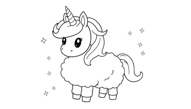 Placa de color de un unicornio esponjoso rodeado de estrellas.