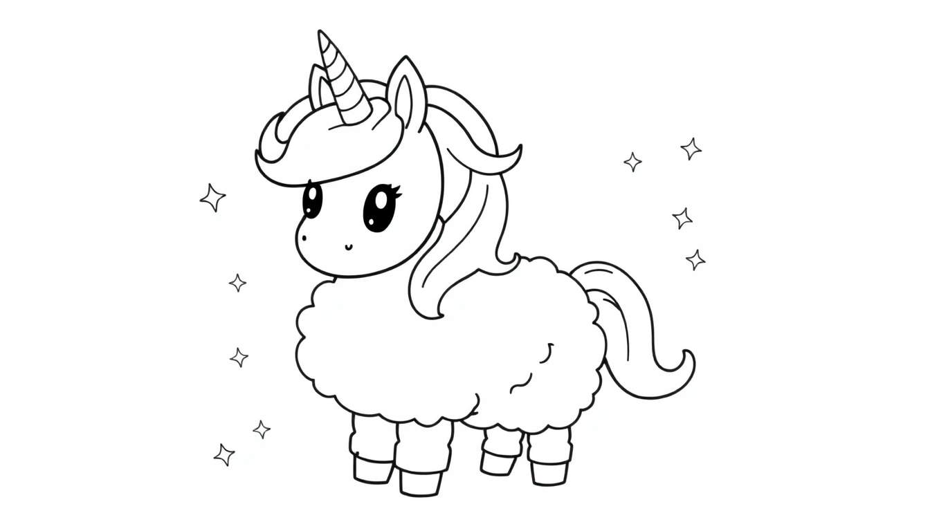 Placa de color de un unicornio esponjoso rodeado de estrellas.