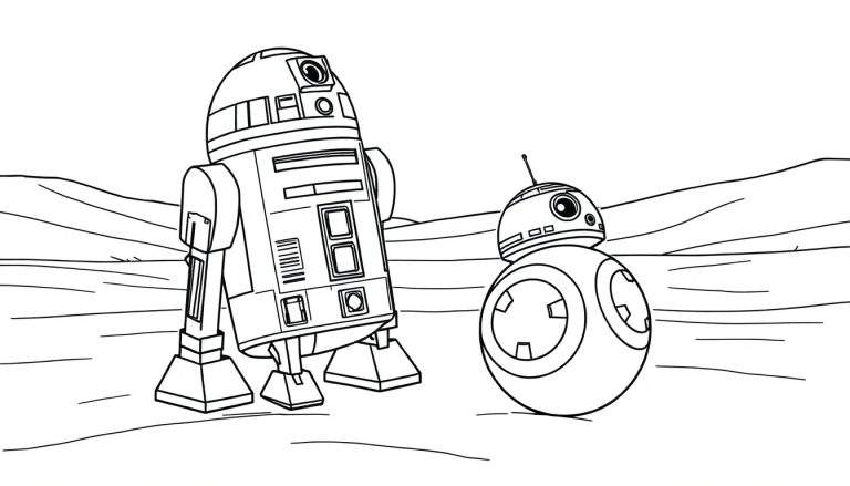 R2-D2 y BB-8 en un paisaje desértico listo para colorear, mostrando sus placas de color.