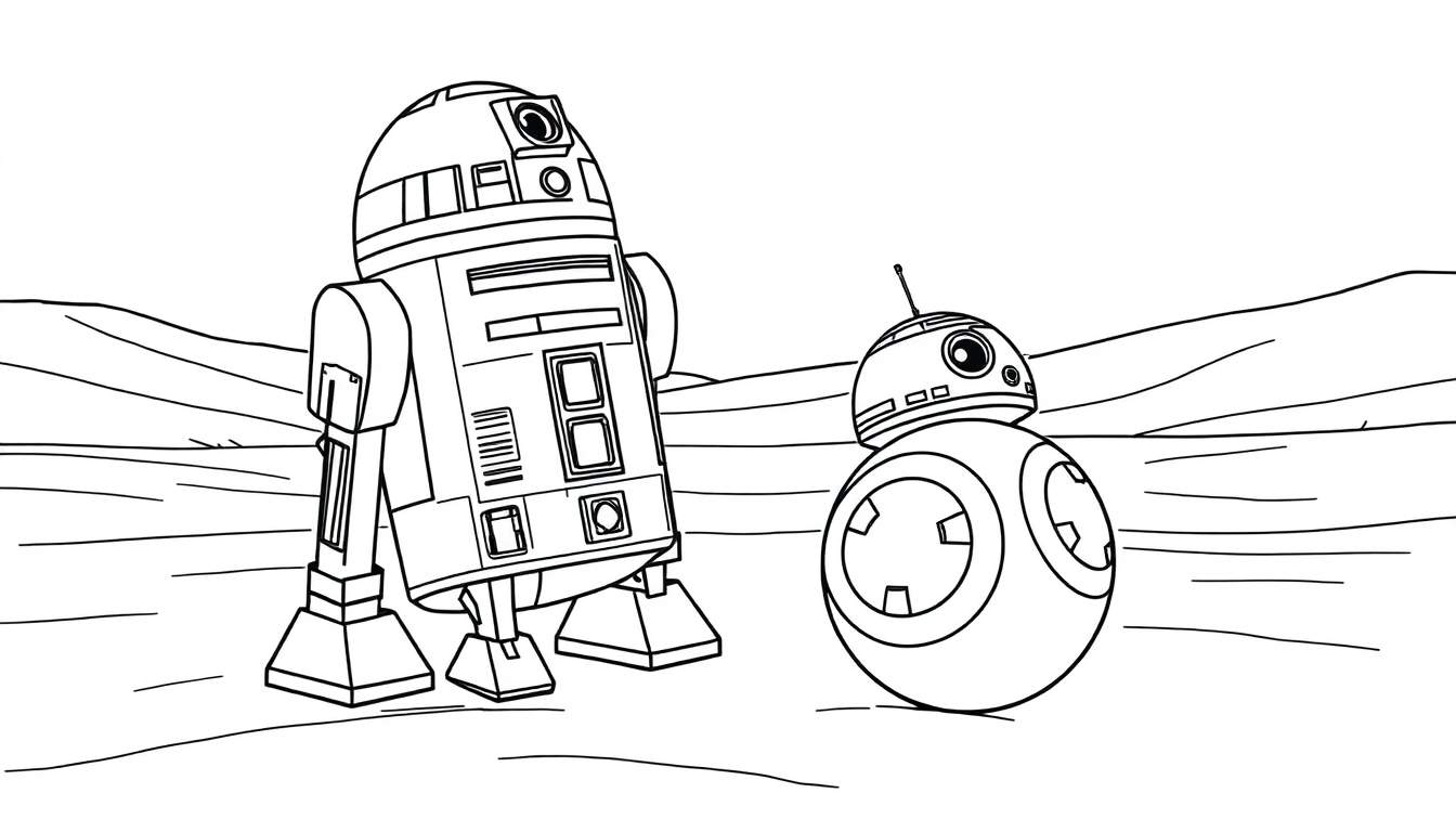 R2-D2 y BB-8 en un paisaje desértico listo para colorear, mostrando sus placas de color.