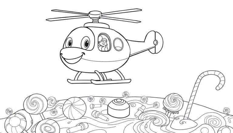 Un helicóptero de juguete de dibujos animados con una cara amigable vuela sobre un paisaje de dulces, listo para que lo pinten con la placa de color.