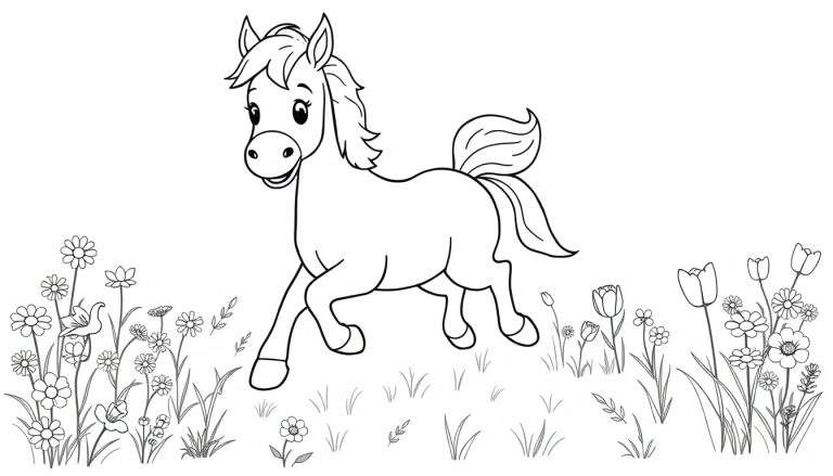 Un caballito de dibujos animados corriendo felizmente por un campo de flores, listo para colorear.