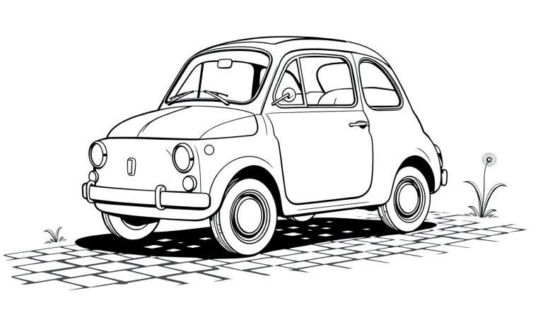 Un coche Fiat 500 antiguo para colorear, con la placa de color esperando ser pintada.