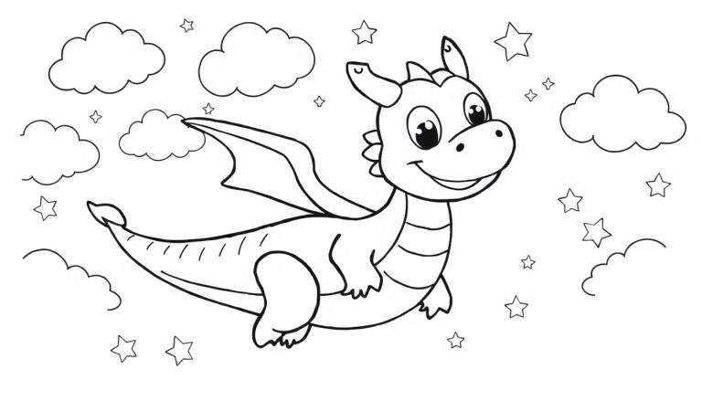 Placa para colorear de un dragón amistoso volando entre nubes y estrellas.