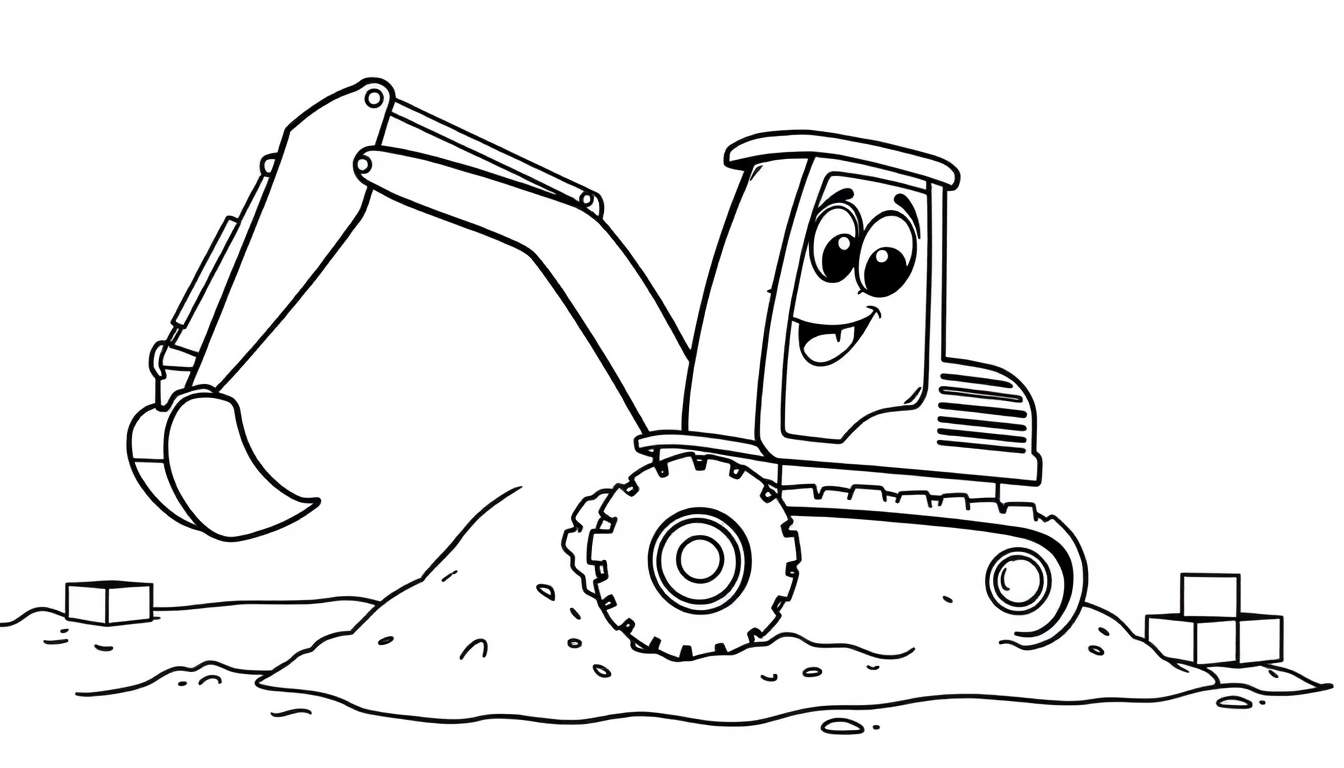 Una excavadora de dibujos animados sonriente con un brazo extendido, lista para la placa de color.