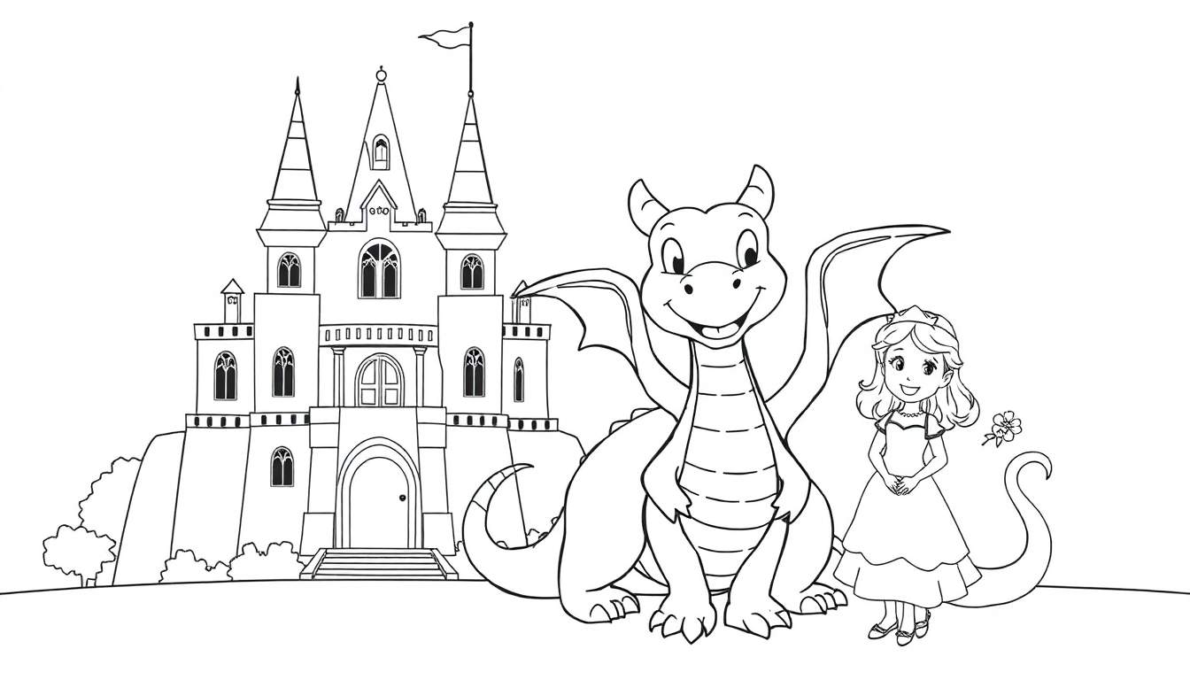 Placa de color de un castillo con un dragón y una princesa.
