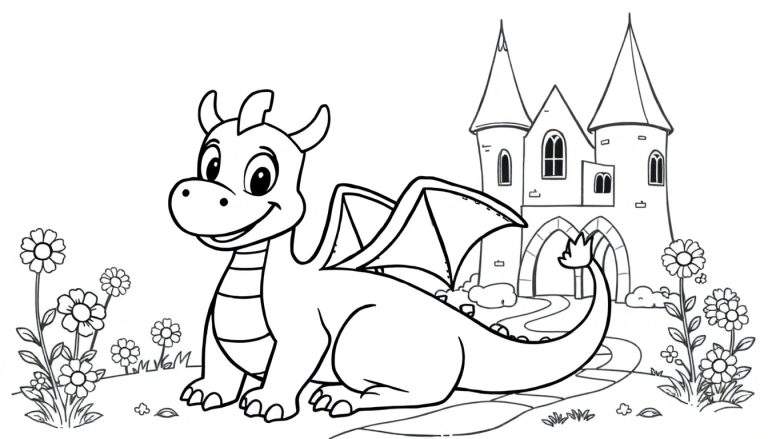 Placa de color de un dragón amigable sentado cerca de un castillo de cuento de hadas.