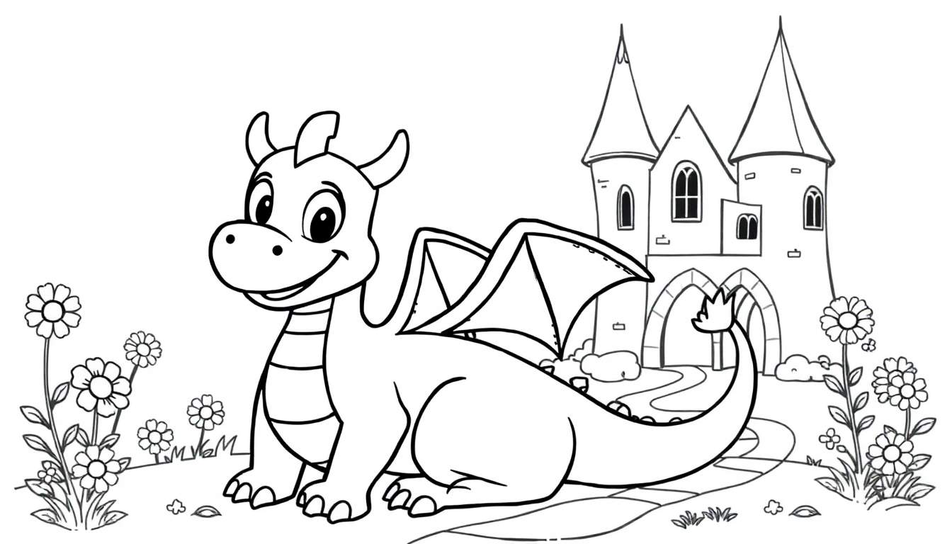 Placa de color de un dragón amigable sentado cerca de un castillo de cuento de hadas.