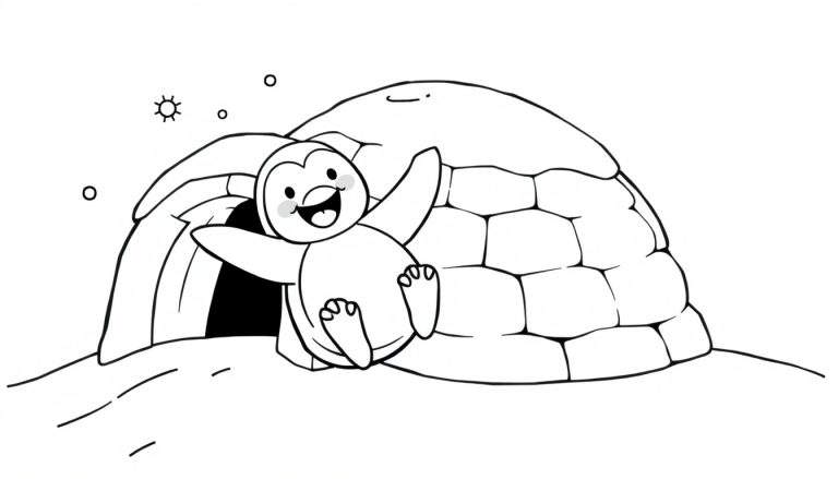 Pingüino saliendo de un iglú, listo para colorear en una placa de color.