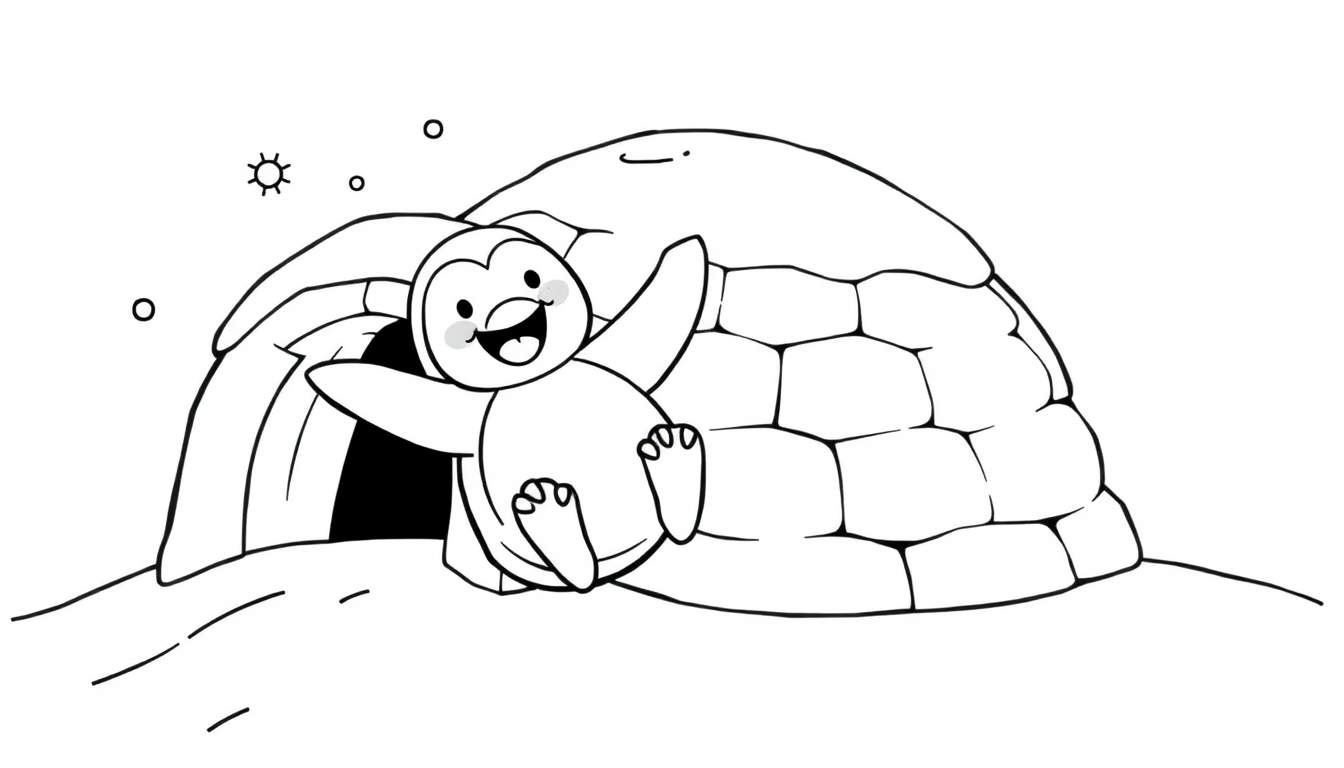 Pingüino saliendo de un iglú, listo para colorear en una placa de color.