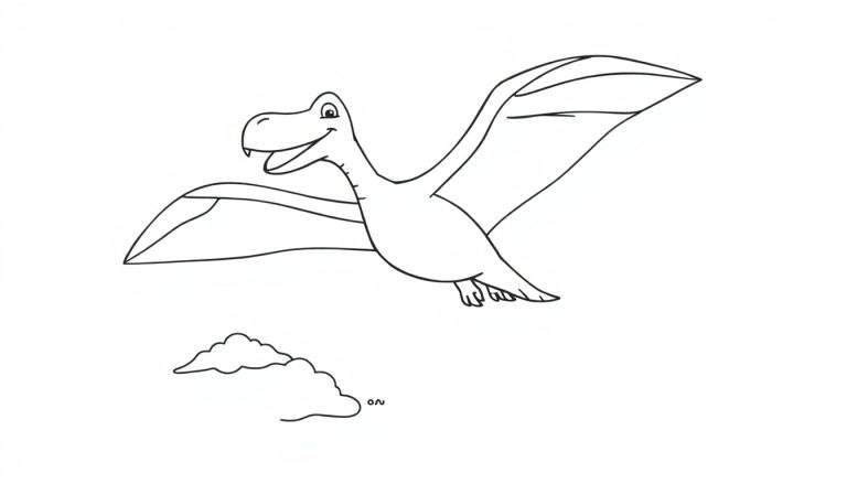 Placa de color de un pterodáctilo amigable sonriendo mientras vuela sobre una nube.