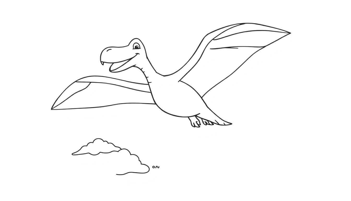 Placa de color de un pterodáctilo amigable sonriendo mientras vuela sobre una nube.