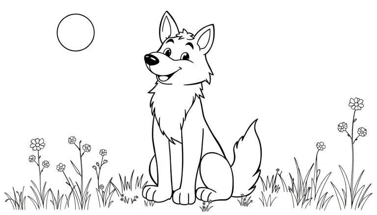 Un lobo sonriente sentado en un campo de hierba y flores, listo para ser coloreado, con un círculo en la parte superior que podría ser el sol o la luna. Un diseño de placa de color para niños.