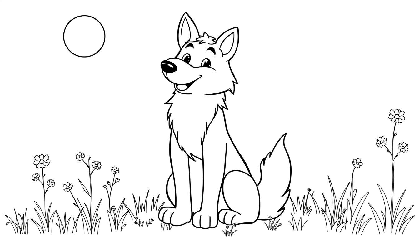 Un lobo sonriente sentado en un campo de hierba y flores, listo para ser coloreado, con un círculo en la parte superior que podría ser el sol o la luna. Un diseño de placa de color para niños.
