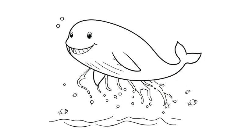 Placa de color de una ballena caricaturesca sonriente saltando fuera del agua con peces y burbujas.