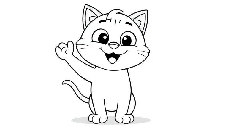 Placa de color de un gato caricaturesco sonriente levantando una pata.