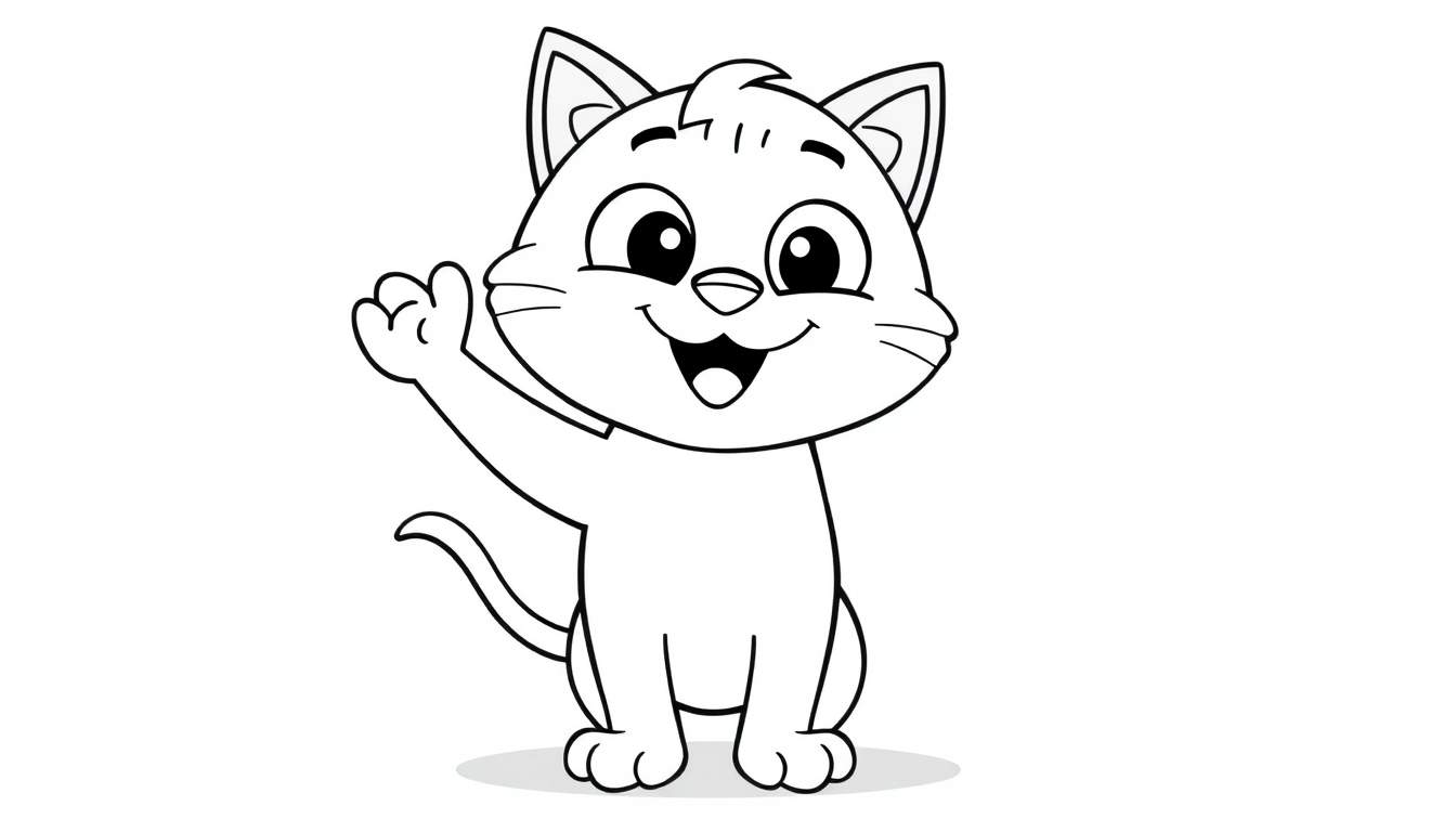 Placa de color de un gato caricaturesco sonriente levantando una pata.