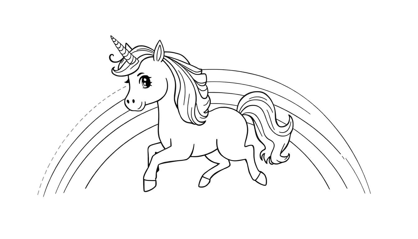 Un unicornio corriendo alegremente sobre un arco iris, listo para ser coloreado.
