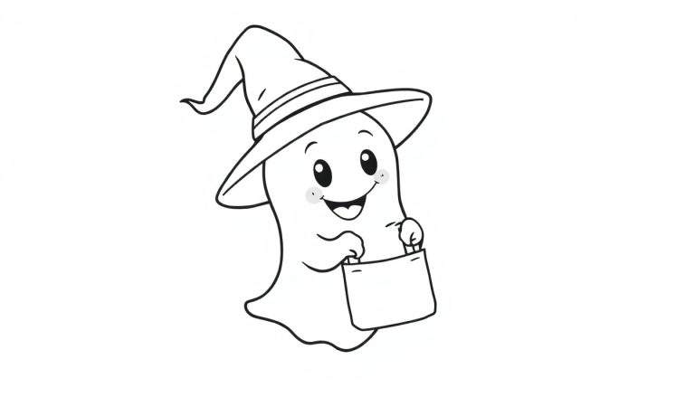 Un fantasma amigable con sombrero de bruja listo para Halloween, un dibujo para colorear en blanco y negro de la placa de color.