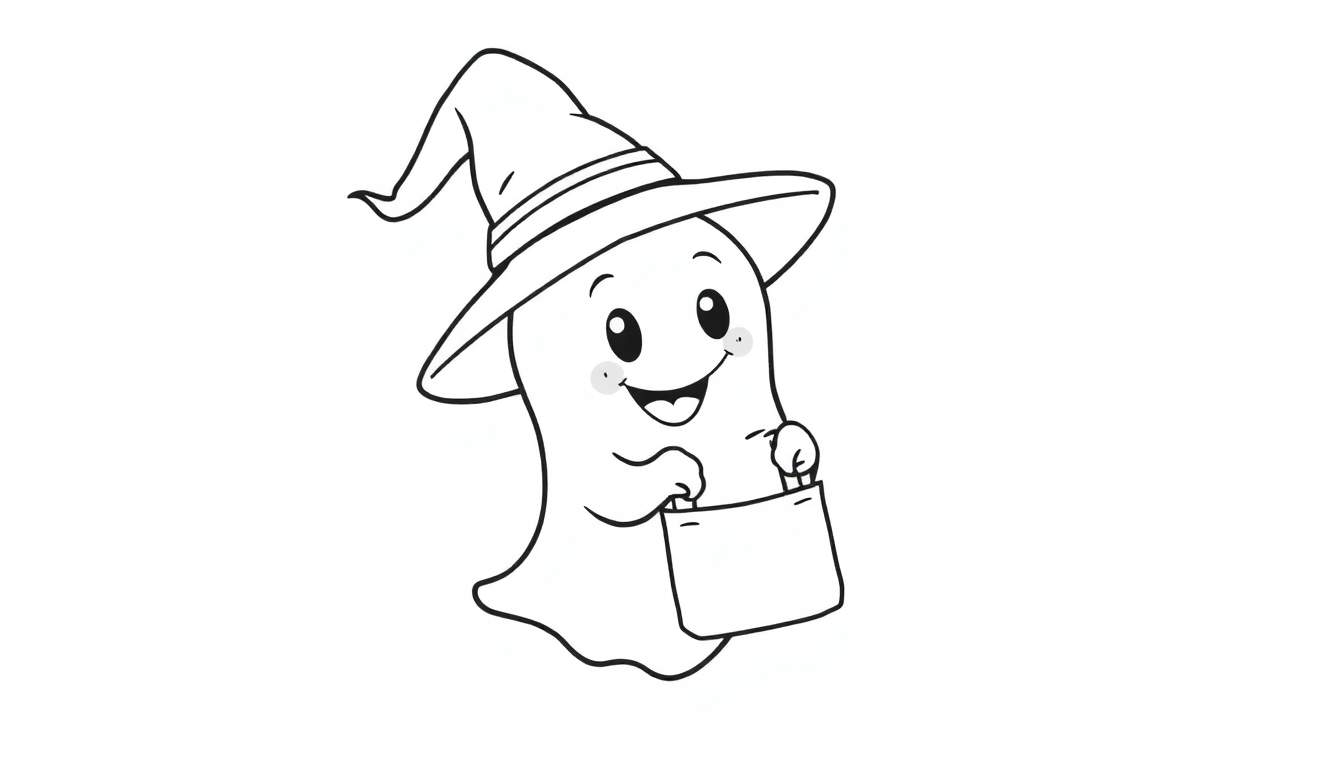 Un fantasma amigable con sombrero de bruja listo para Halloween, un dibujo para colorear en blanco y negro de la placa de color.