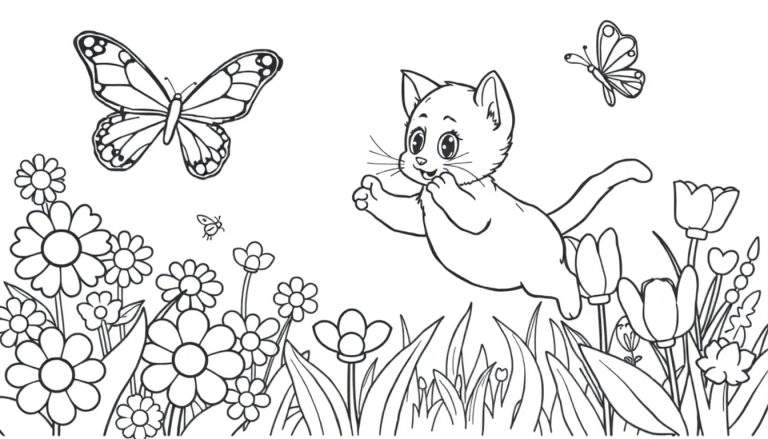 Placa de color de un gatito saltando hacia una mariposa en un jardín con flores.