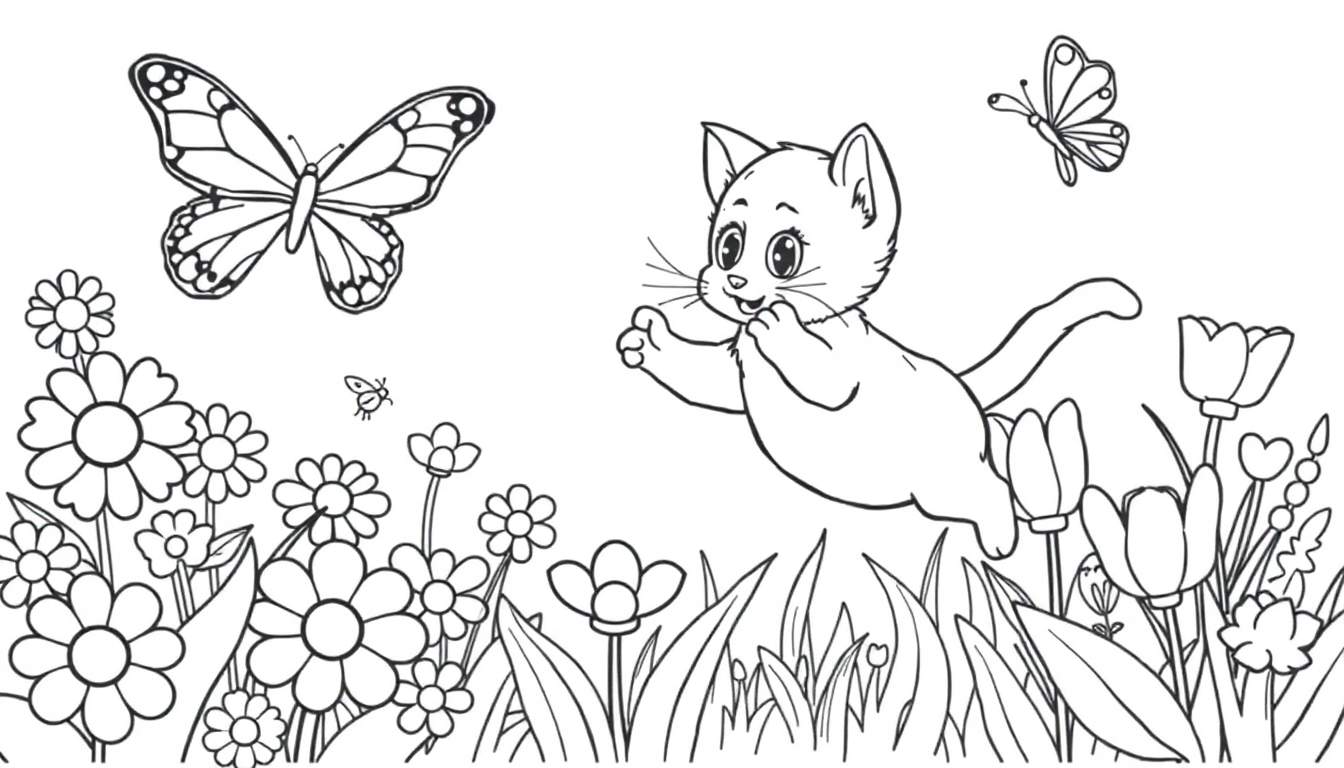 Placa de color de un gatito saltando hacia una mariposa en un jardín con flores.