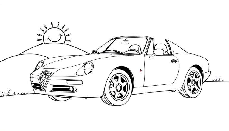 Un coche deportivo clásico en blanco y negro, listo para colorear, con un sol sonriente al fondo y colinas suaves. La placa de color está lista para ser añadida.