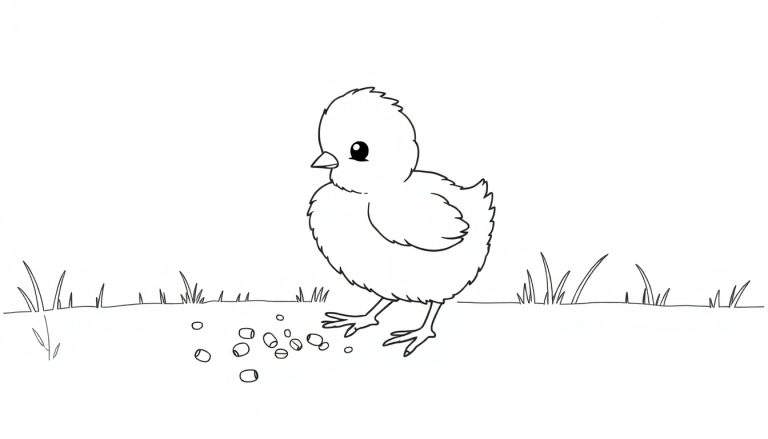 Placa de color de un pollito adorable buscando semillas en un campo con hierba.