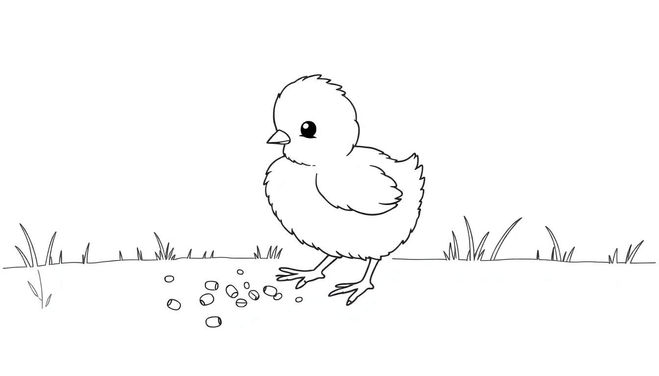 Placa de color de un pollito adorable buscando semillas en un campo con hierba.