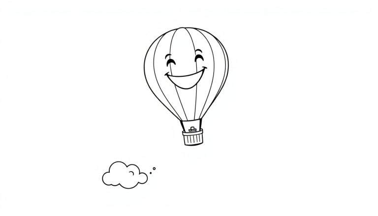 Placa de color de un globo aerostático amigable sonriendo, flotando sobre una nube.