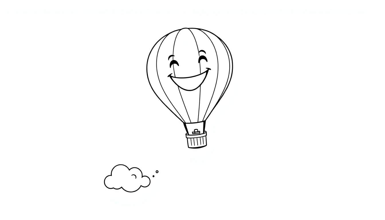 Placa de color de un globo aerostático amigable sonriendo, flotando sobre una nube.