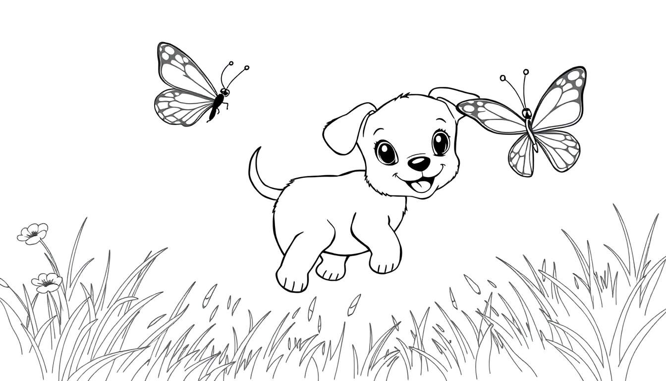 Placa de color de un cachorro feliz persiguiendo mariposas en un campo de flores.