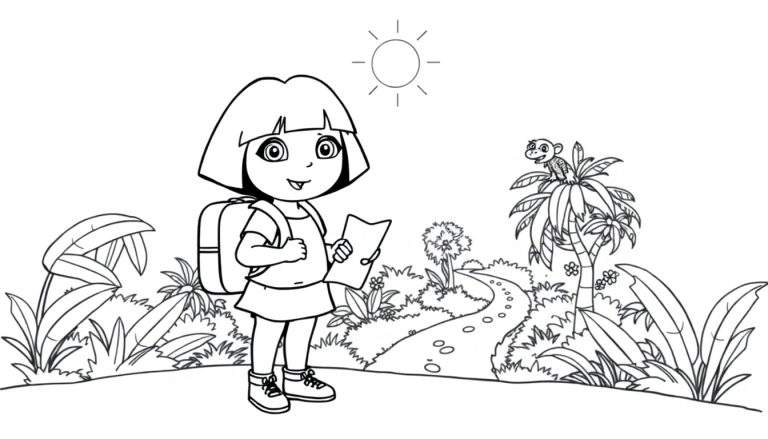 Placa de color de Dora la Exploradora con mochila y mapa en la selva.