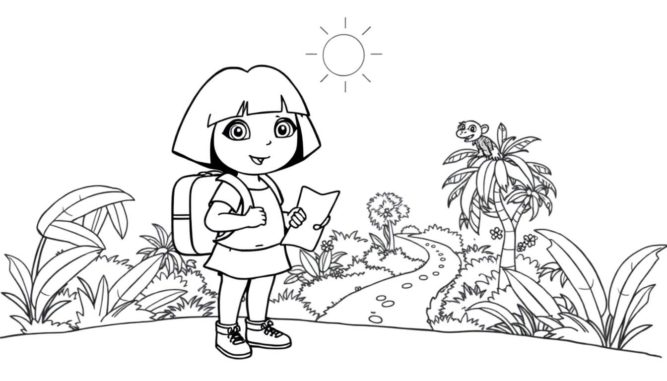 Placa de color de Dora la Exploradora con mochila y mapa en la selva.