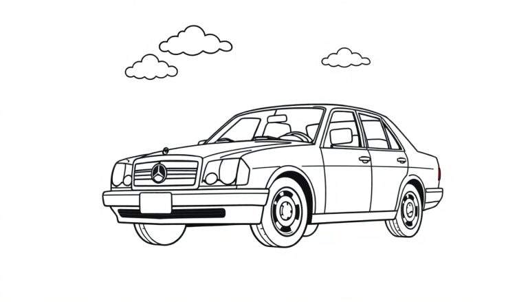 Un dibujo lineal de un coche Mercedes-Benz clásico para colorear con nubes de dibujos animados, listo para la placa de color.