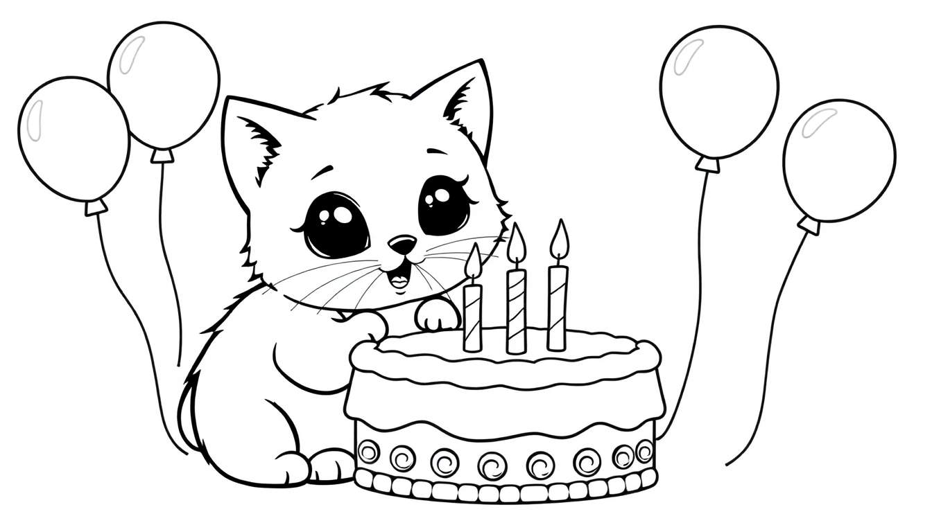 Página para colorear: un gatito soplando velas en un pastel de cumpleaños con globos, listo para añadir color.